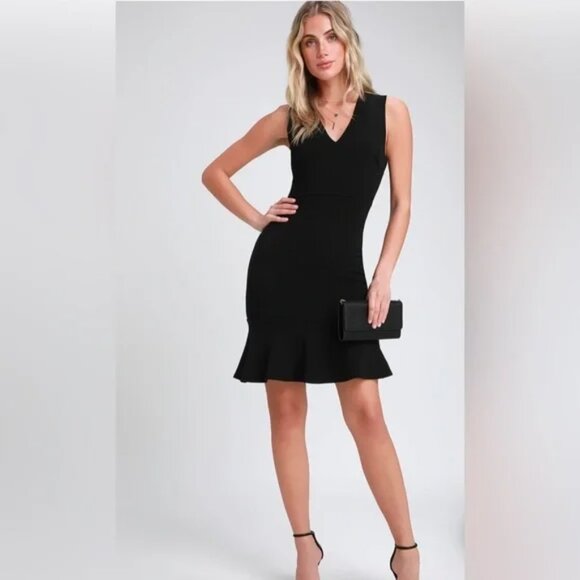 Lulu's Dashing Dame Black Sleeveless Flounce NYE Holiday Chic Mini Dress Black - Picture 1 of 9